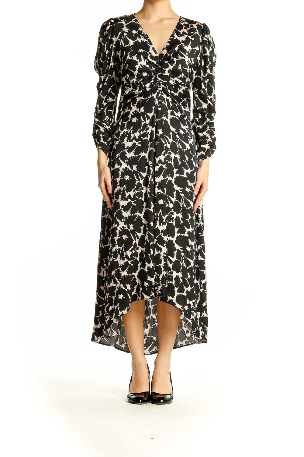 Front view of Gap black floral print maxi dress with V-neck and long sleeves