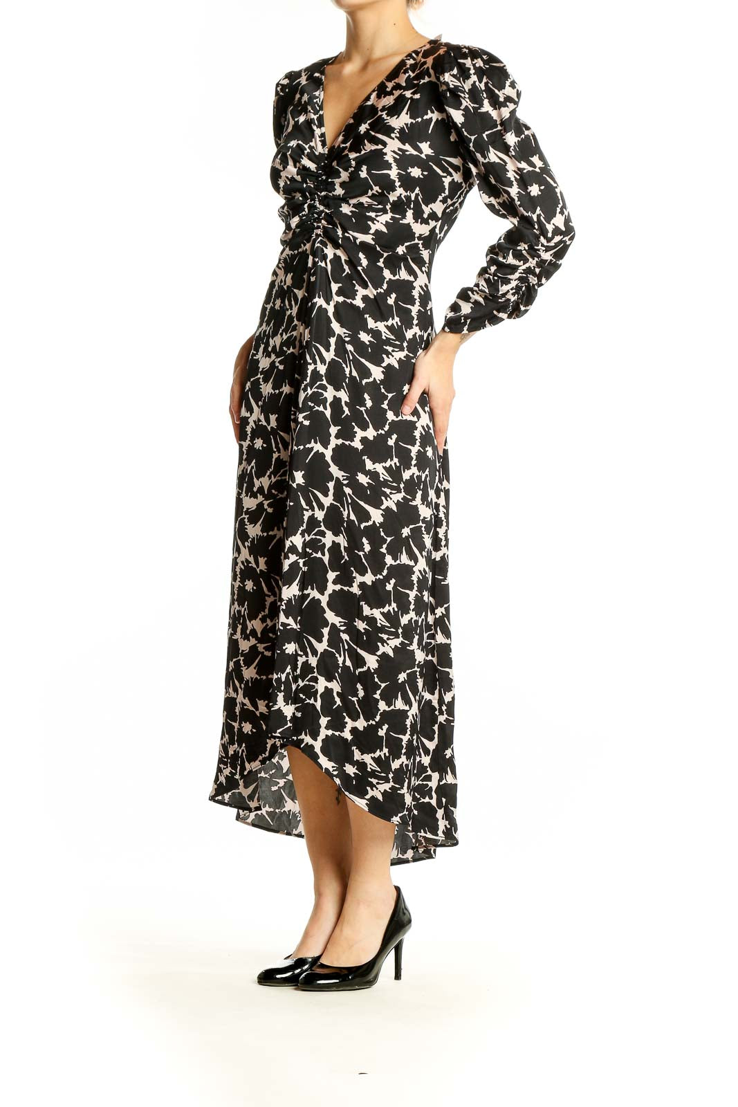 Front view of Gap black floral print maxi dress with V-neck and long sleeves