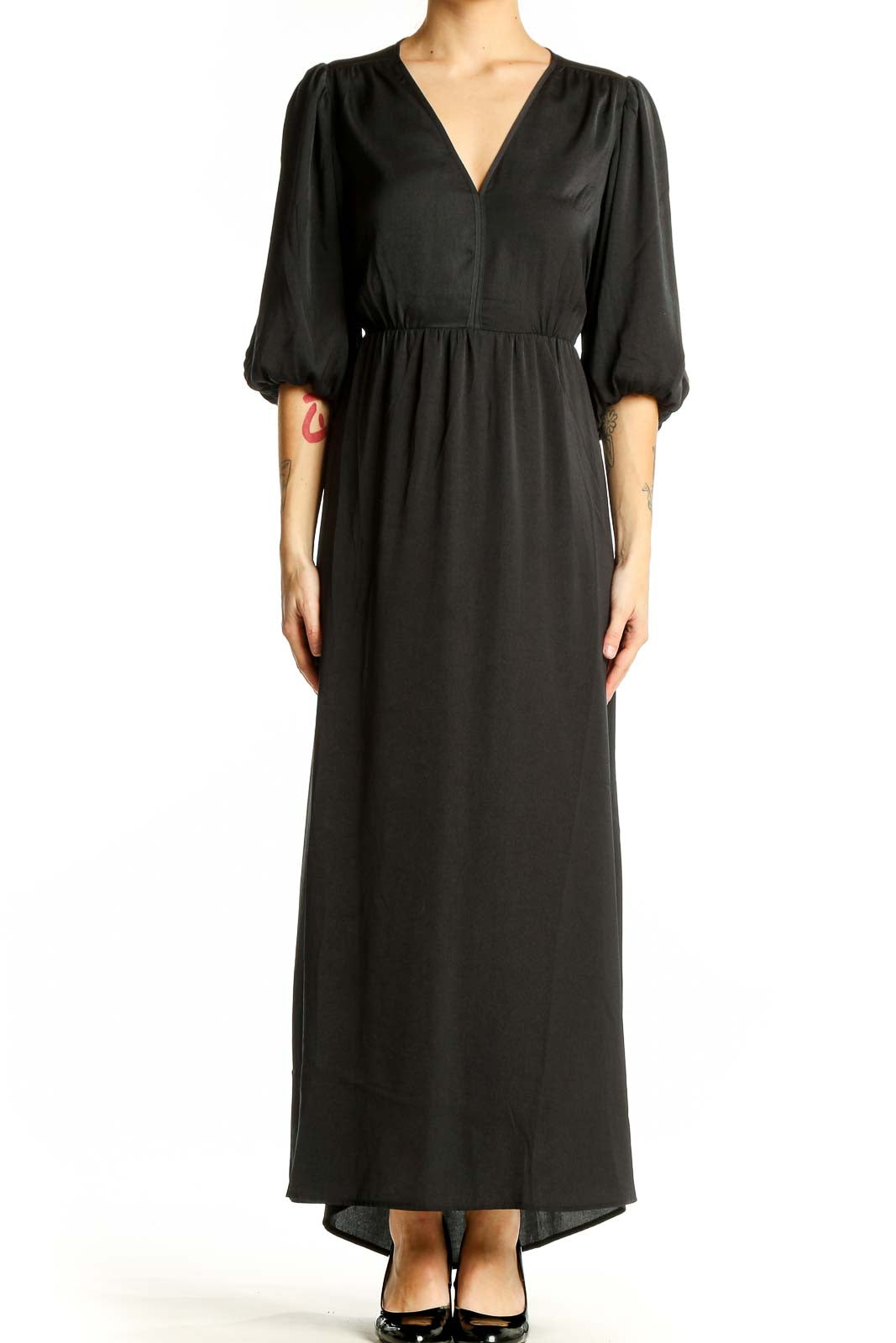 Front view of black Gap maxi dress with balloon sleeves and V-neckline