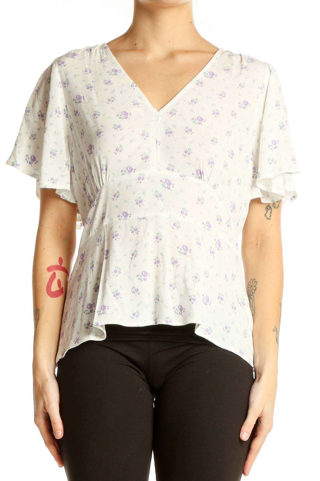 Front view of white LOFT blouse with lavender floral print and flutter sleeves