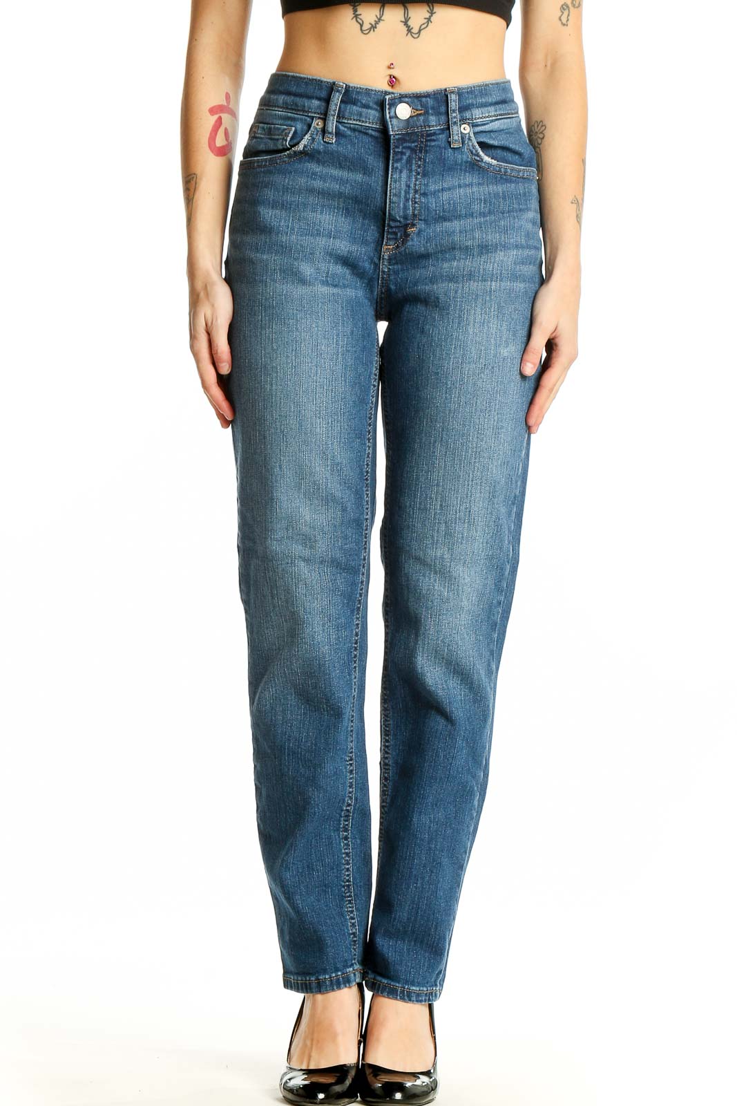 Front view of Banana Republic blue straight leg jeans on model