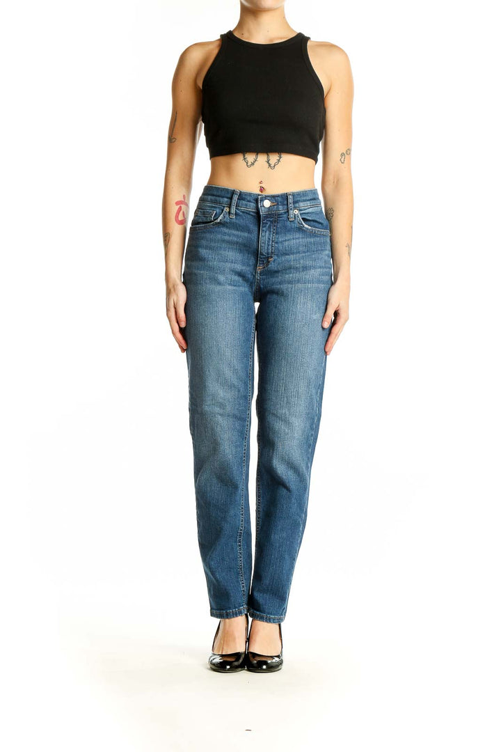 Front view of Banana Republic blue straight leg jeans on model