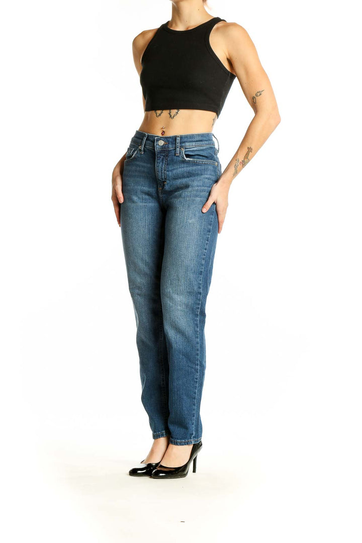 Front view of Banana Republic blue straight leg jeans on model