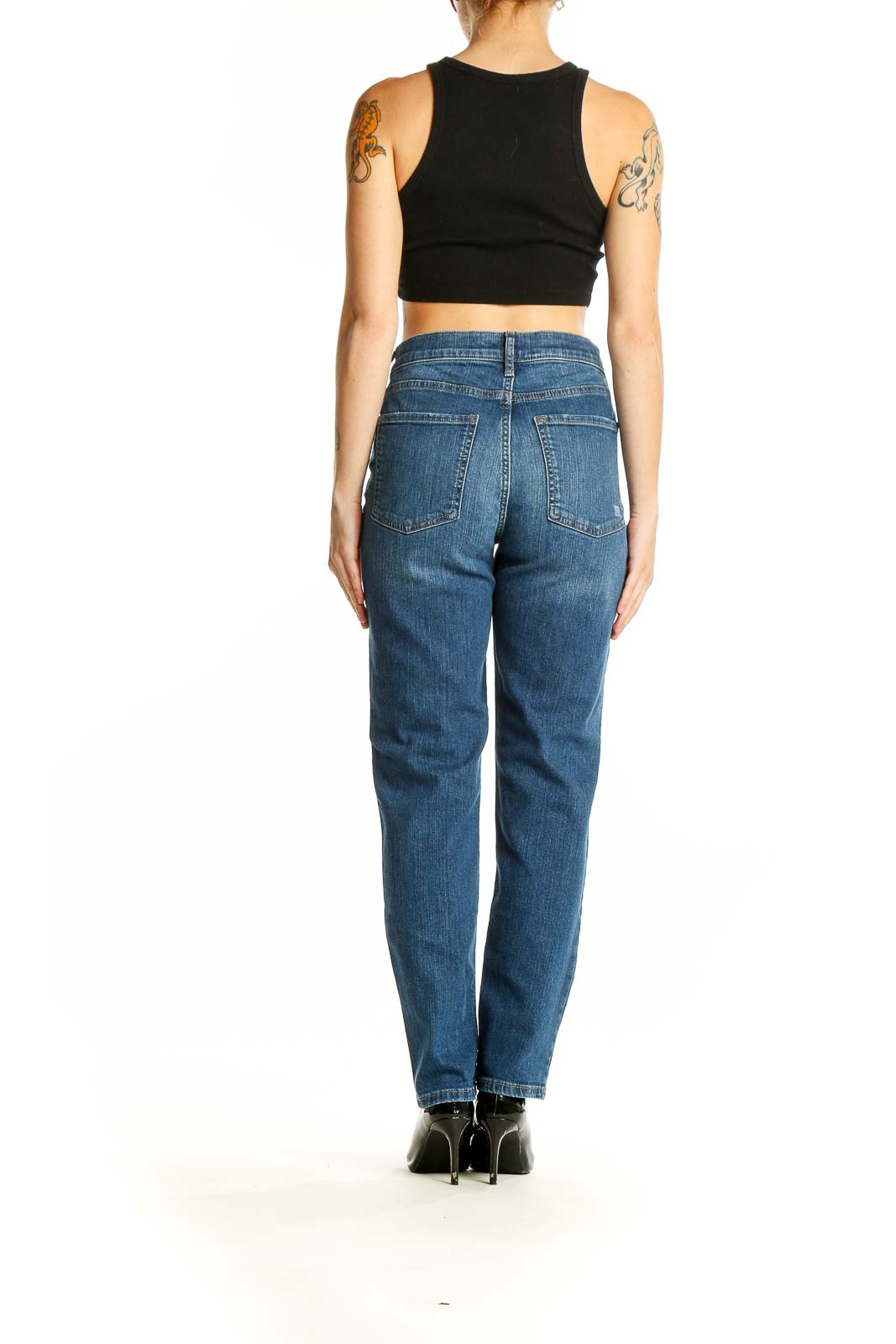 Back view of Banana Republic blue straight leg jeans on model