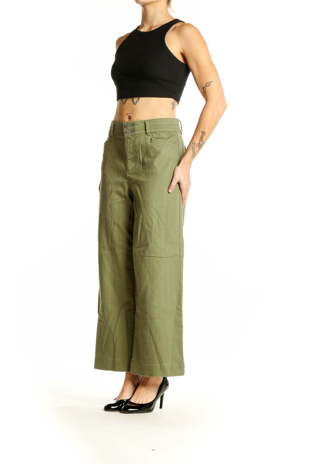 Front view of LOFT olive wide-leg pants with high waist and double-button closure