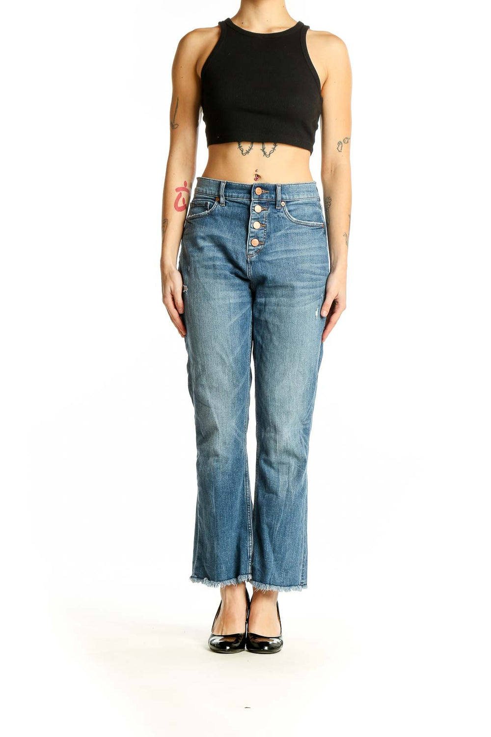 Front view of LOFT blue cropped flare jeans with button-fly