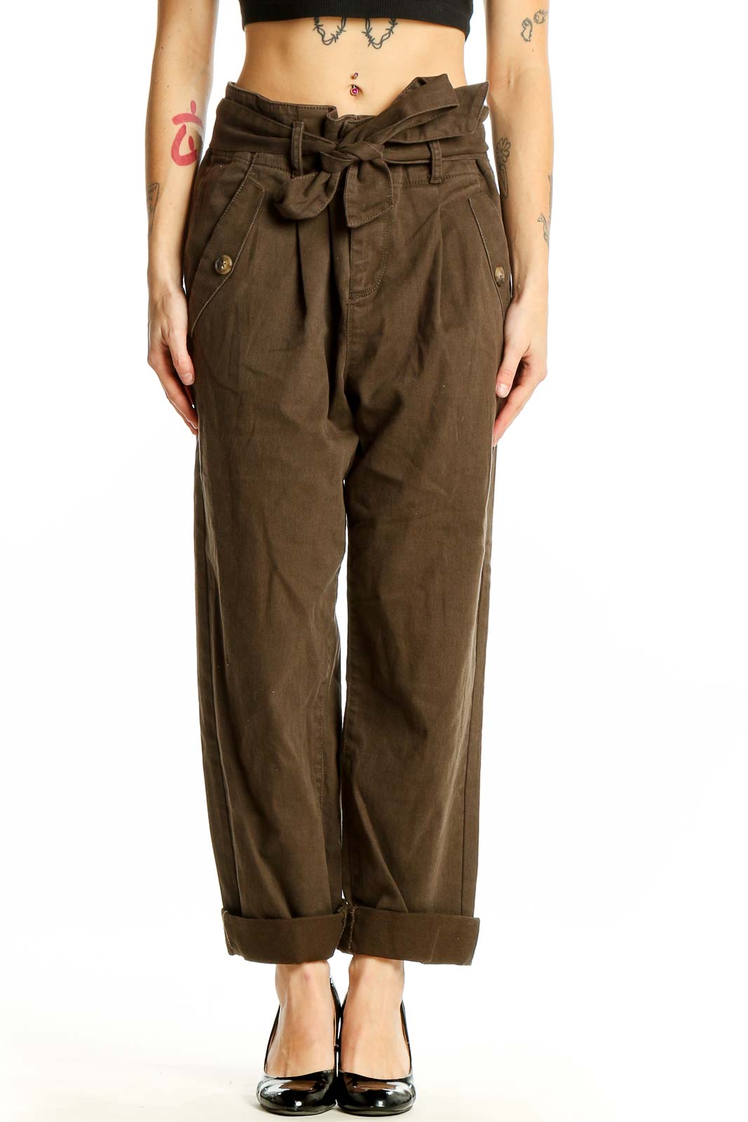 Front view of LOFT brown high-waisted paperbag trousers with tie belt