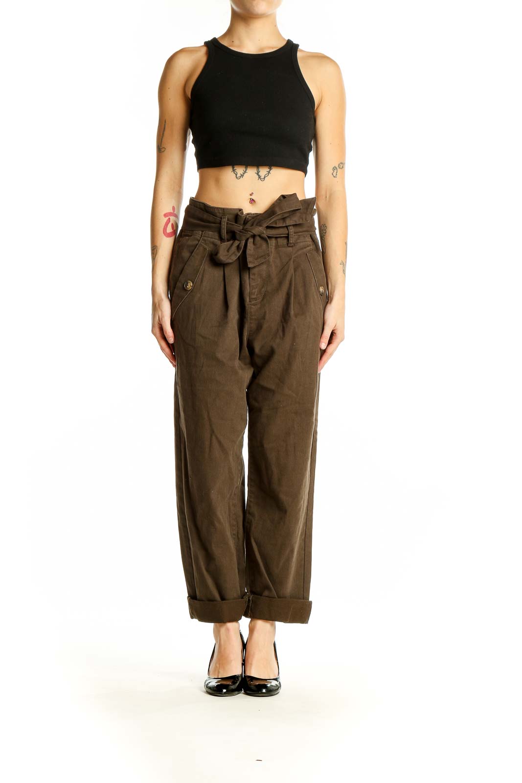 Front view of LOFT brown high-waisted paperbag trousers with tie belt