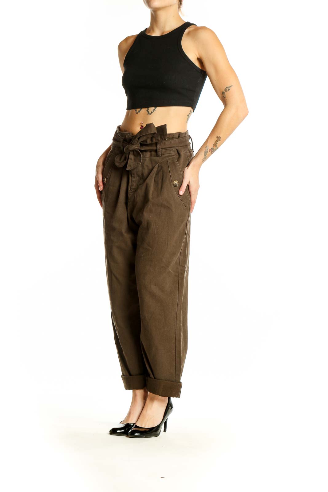 Front view of LOFT brown high-waisted paperbag trousers with tie belt