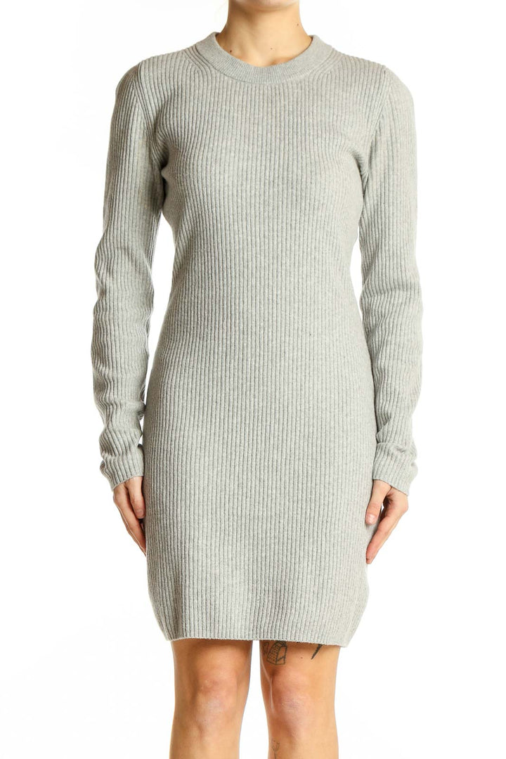 Front view of Gap gray ribbed knit sweater dress on model