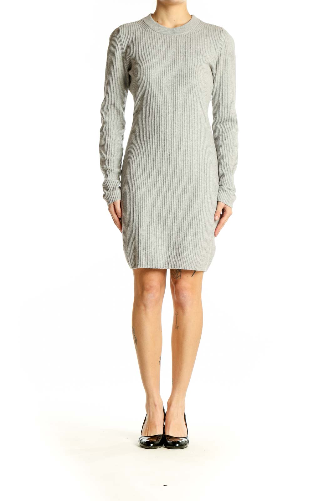 Front view of Gap gray ribbed knit sweater dress on model