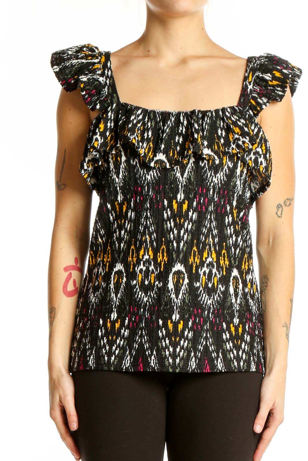 Front view of LOFT Black Patterned Ruffle Sleeve Top with ikat-inspired print