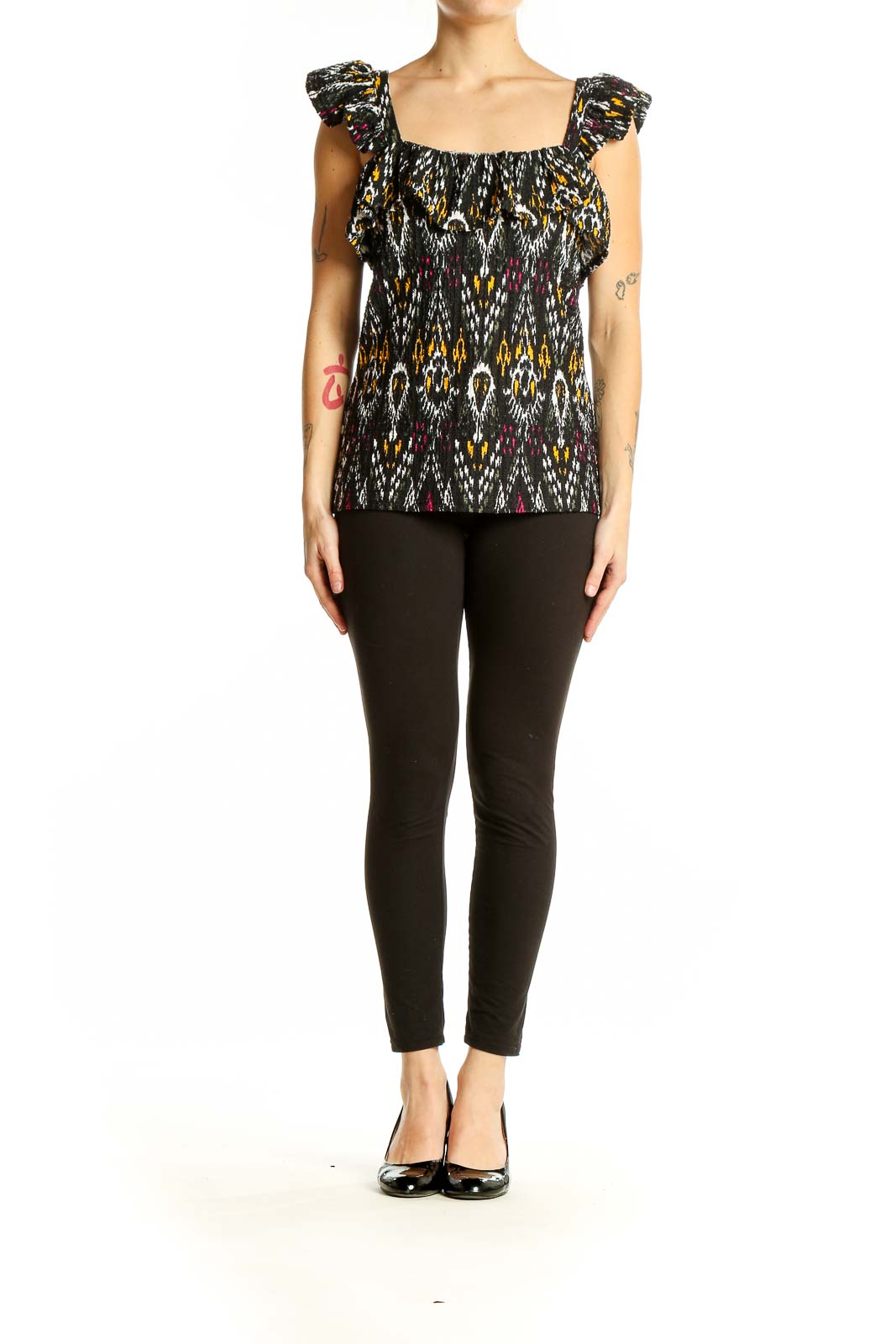 Front view of LOFT Black Patterned Ruffle Sleeve Top with ikat-inspired print