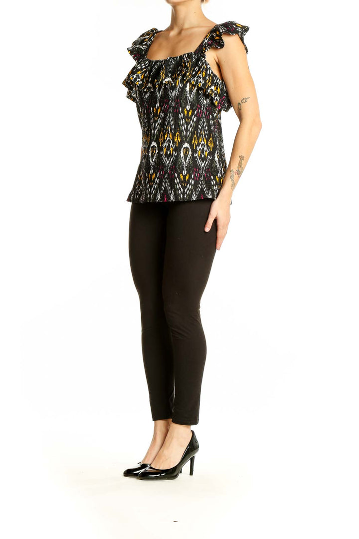 Front view of LOFT Black Patterned Ruffle Sleeve Top with ikat-inspired print