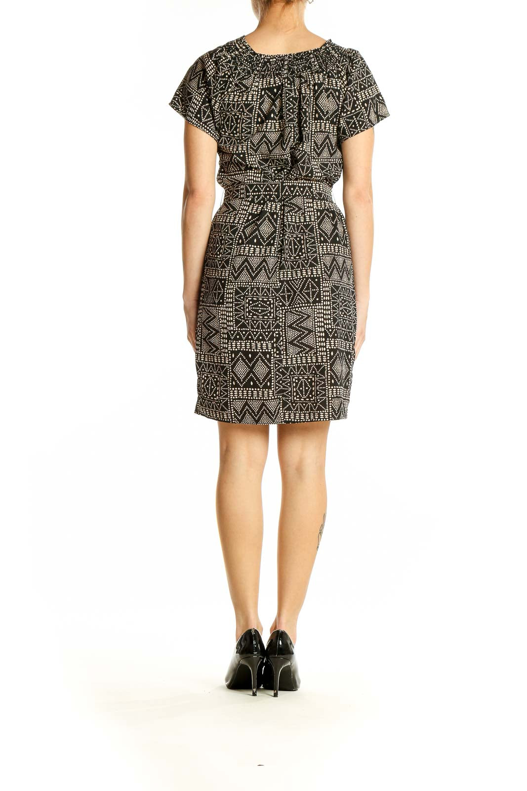 Back view of Veronica M black geometric print dress showing pattern detail