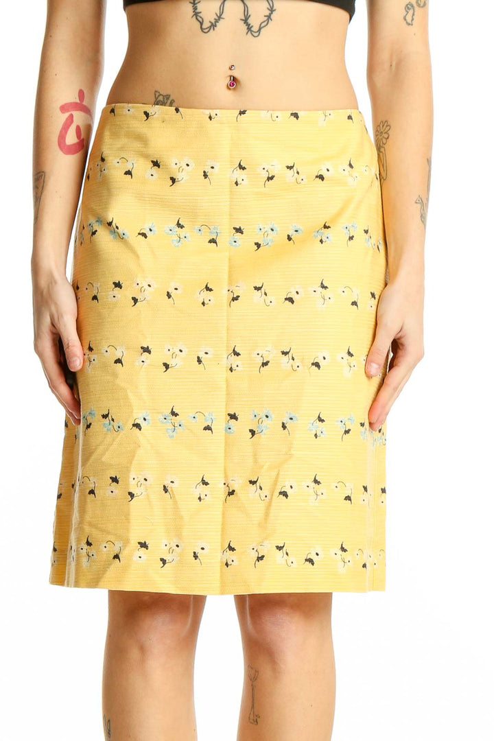 Front view of Ann Taylor yellow floral printed pencil skirt