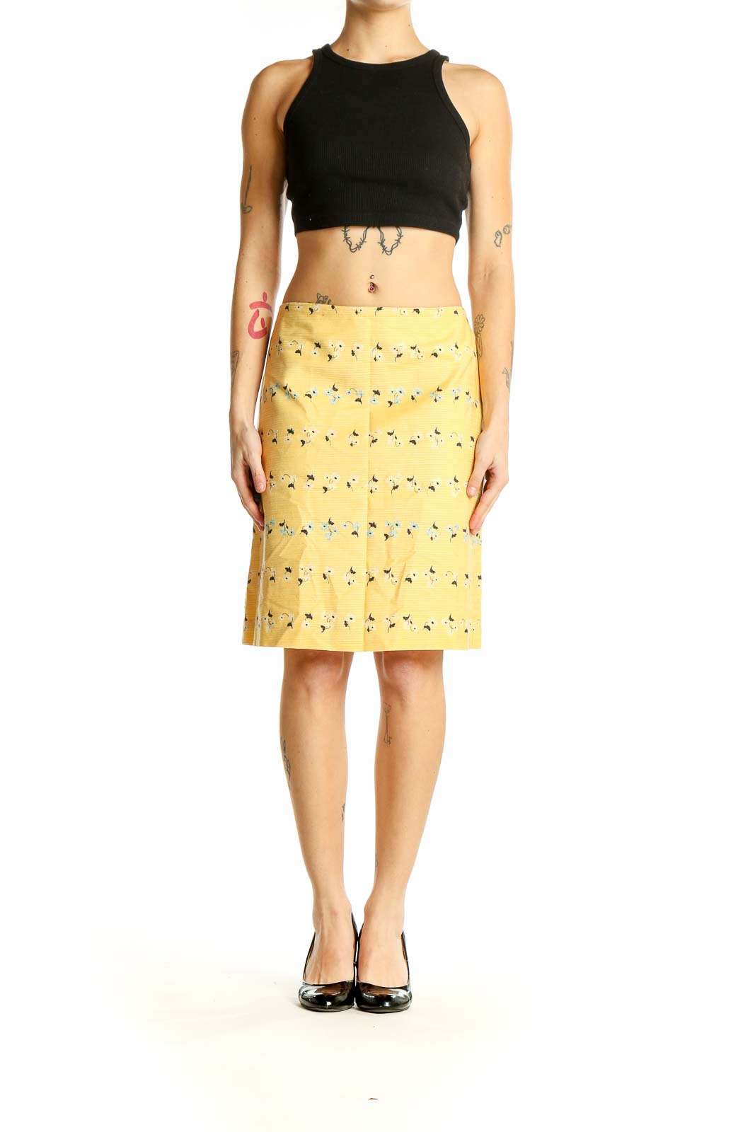 Front view of Ann Taylor yellow floral printed pencil skirt