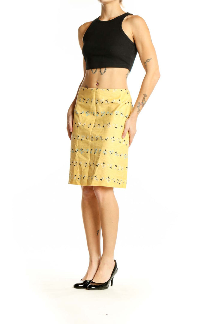 Front view of Ann Taylor yellow floral printed pencil skirt