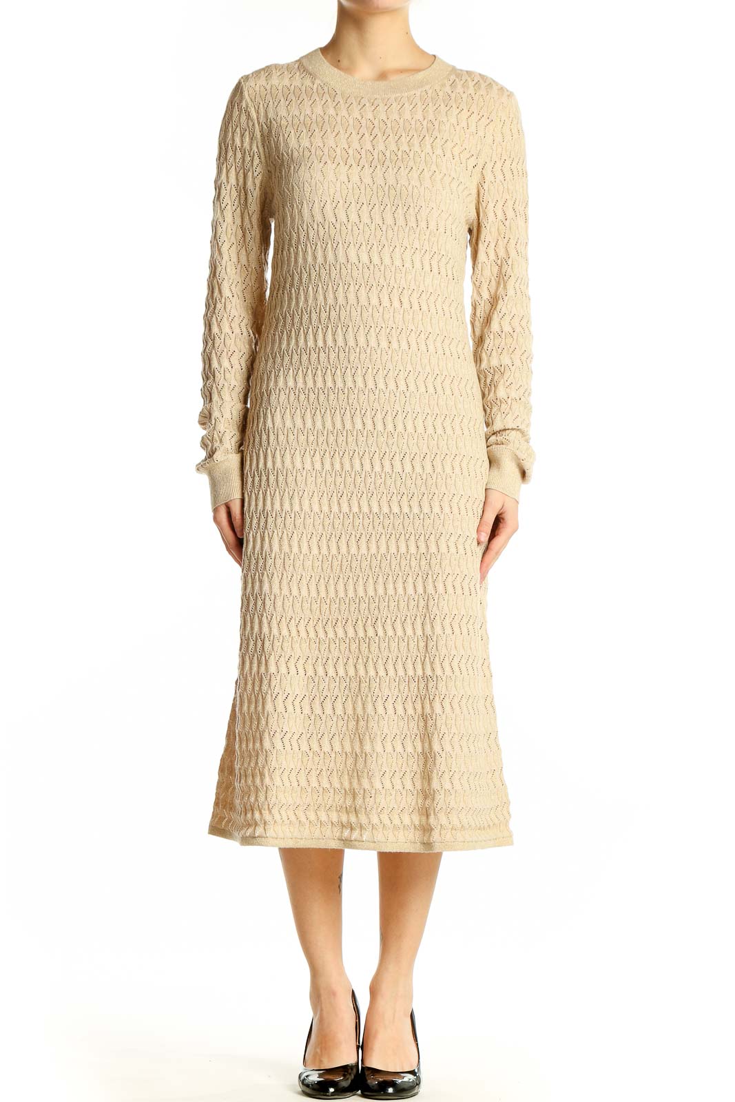 Front view of Gap beige textured midi sweater dress