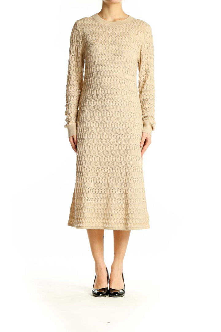 Front view of Gap beige textured midi sweater dress