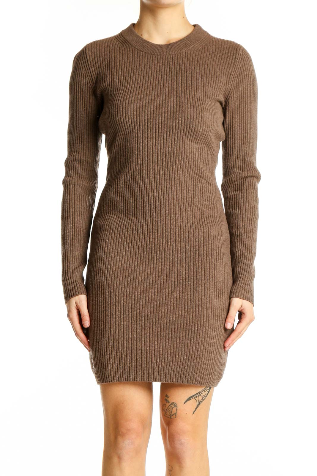 Front view of Gap brown ribbed knit bodycon dress