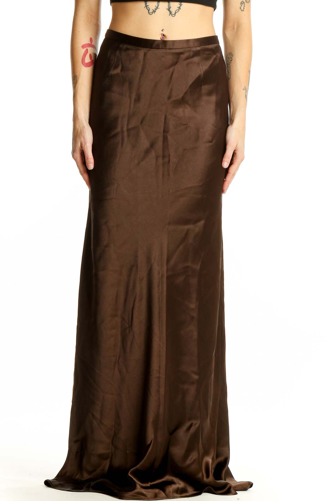 Front view of Ann Taylor brown satin maxi skirt on model