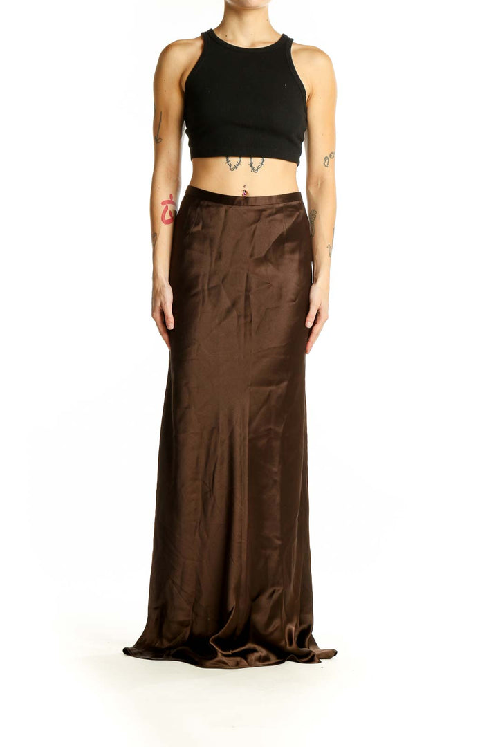 Front view of Ann Taylor brown satin maxi skirt on model