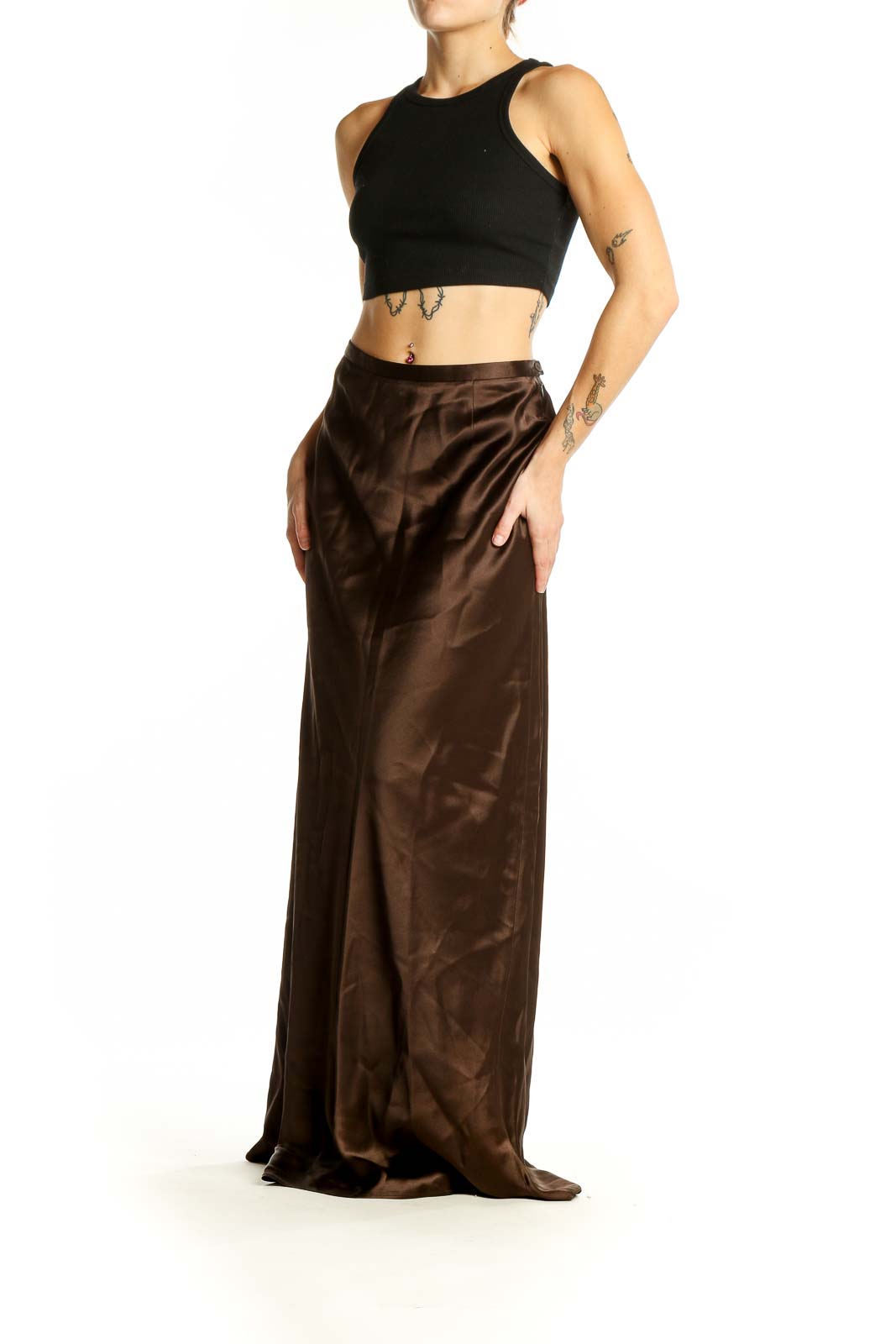 Front view of Ann Taylor brown satin maxi skirt on model