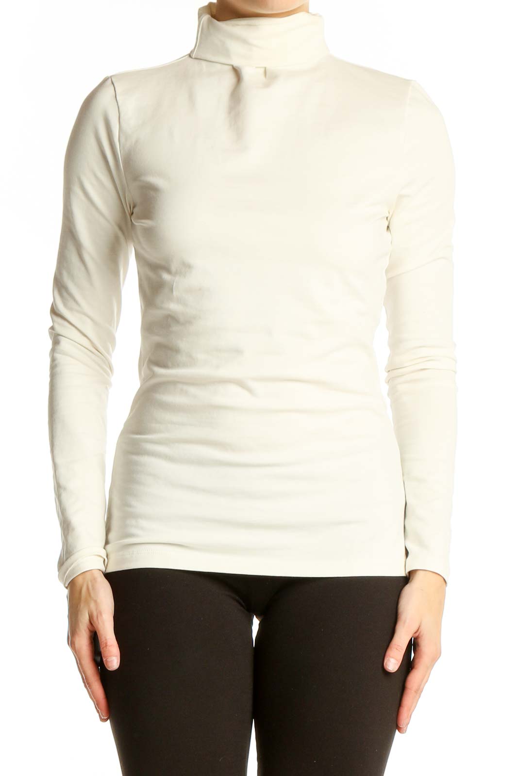 Front view of ivory Theory turtleneck top with long sleeves