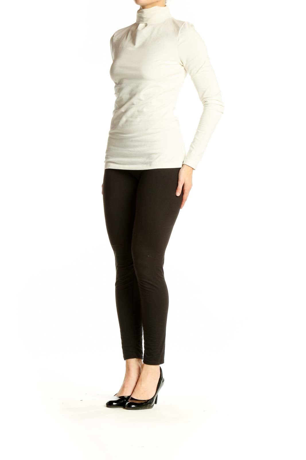 Front view of ivory Theory turtleneck top with long sleeves