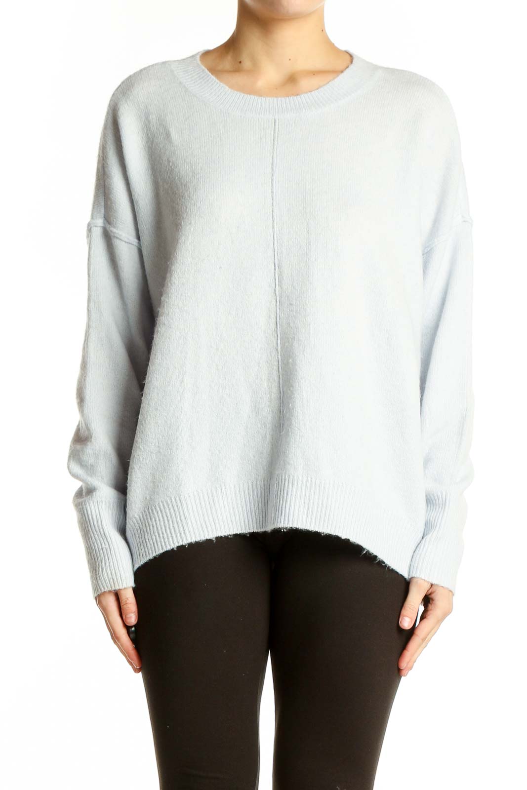 Front view of Vince Camuto light blue oversized knit sweater