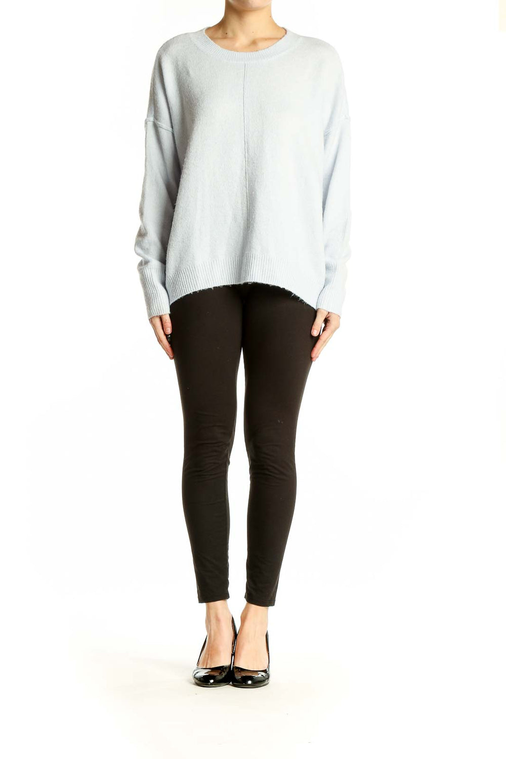 Front view of Vince Camuto light blue oversized knit sweater