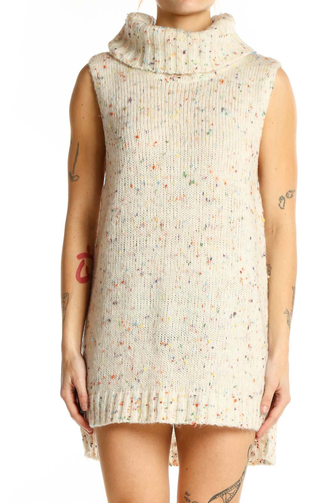 Front view of Loveriche cream speckled sleeveless turtleneck sweater dress