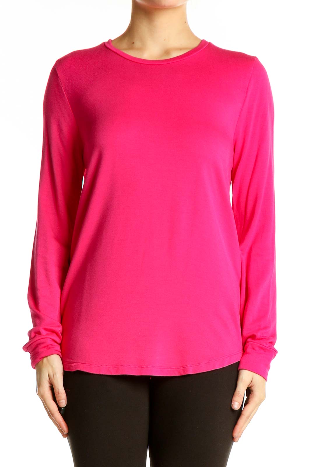 Front view of hot pink J.Crew long sleeve crew neck top