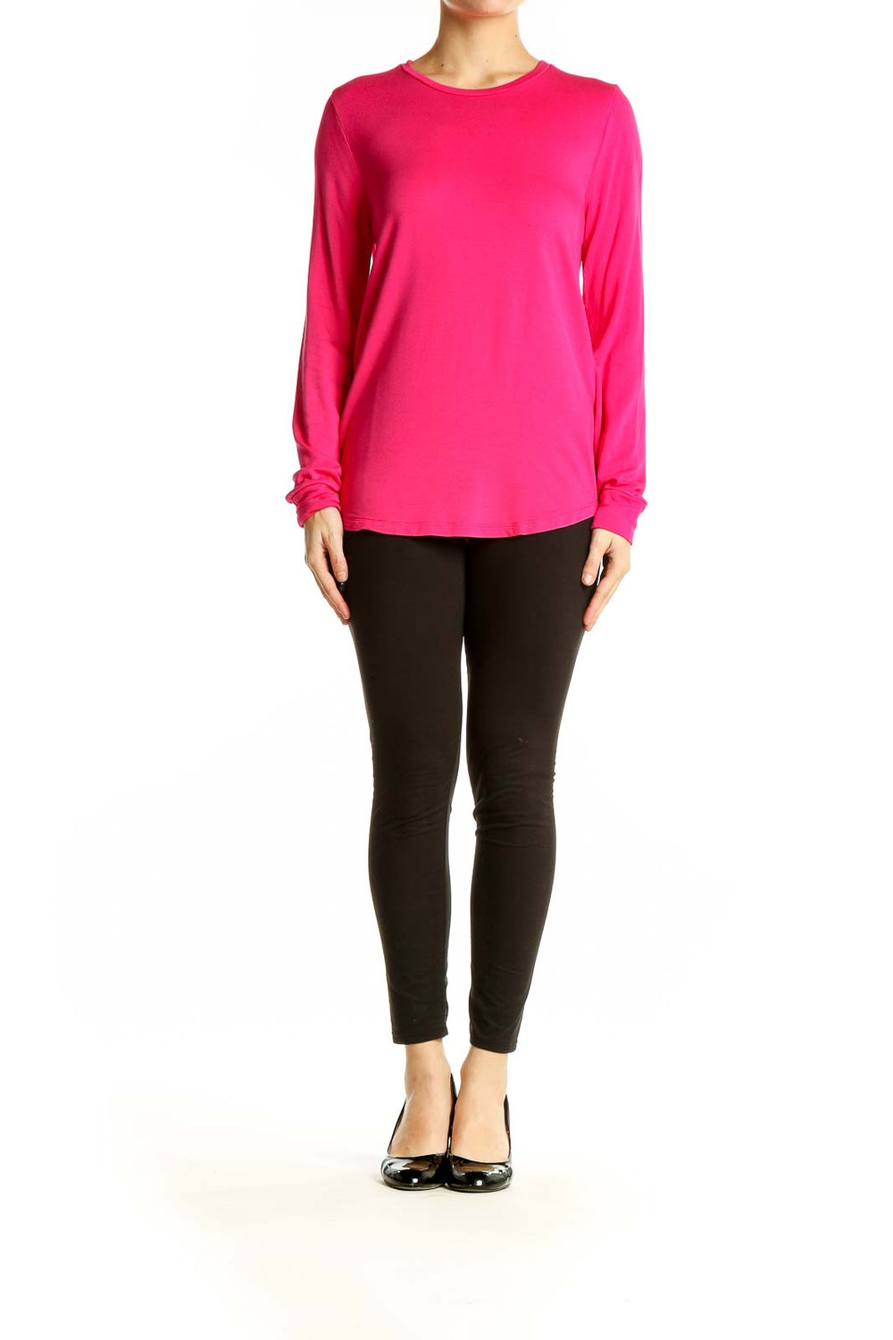 Front view of hot pink J.Crew long sleeve crew neck top