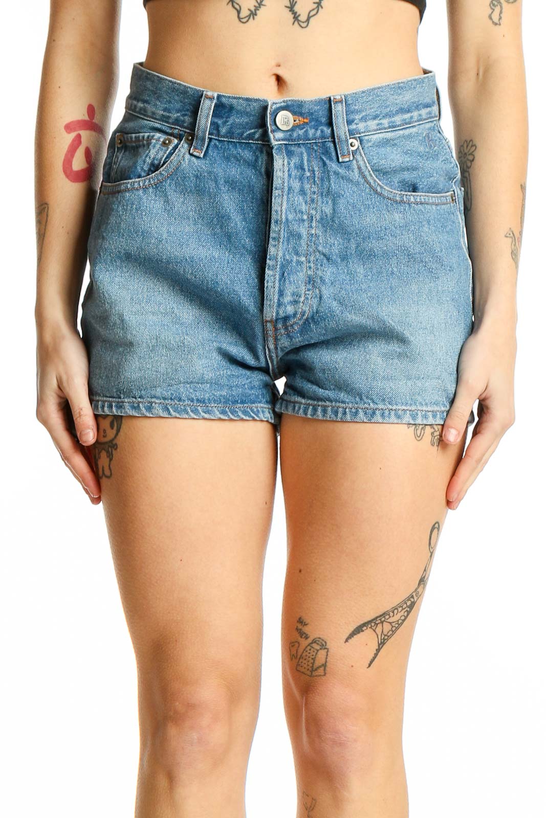 Front view of Rouge light blue high-waisted denim shorts with raw hem