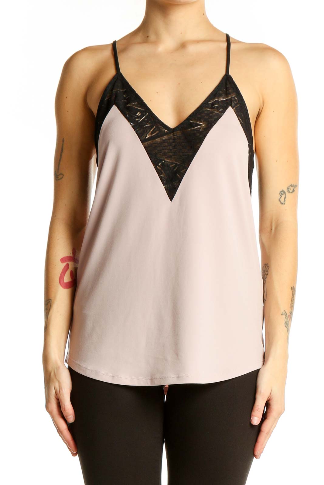 Front view of Express blush pink camisole with black lace trim