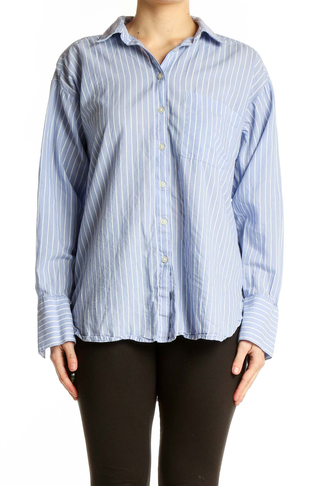 Front view of LOFT blue striped button-down shirt on model