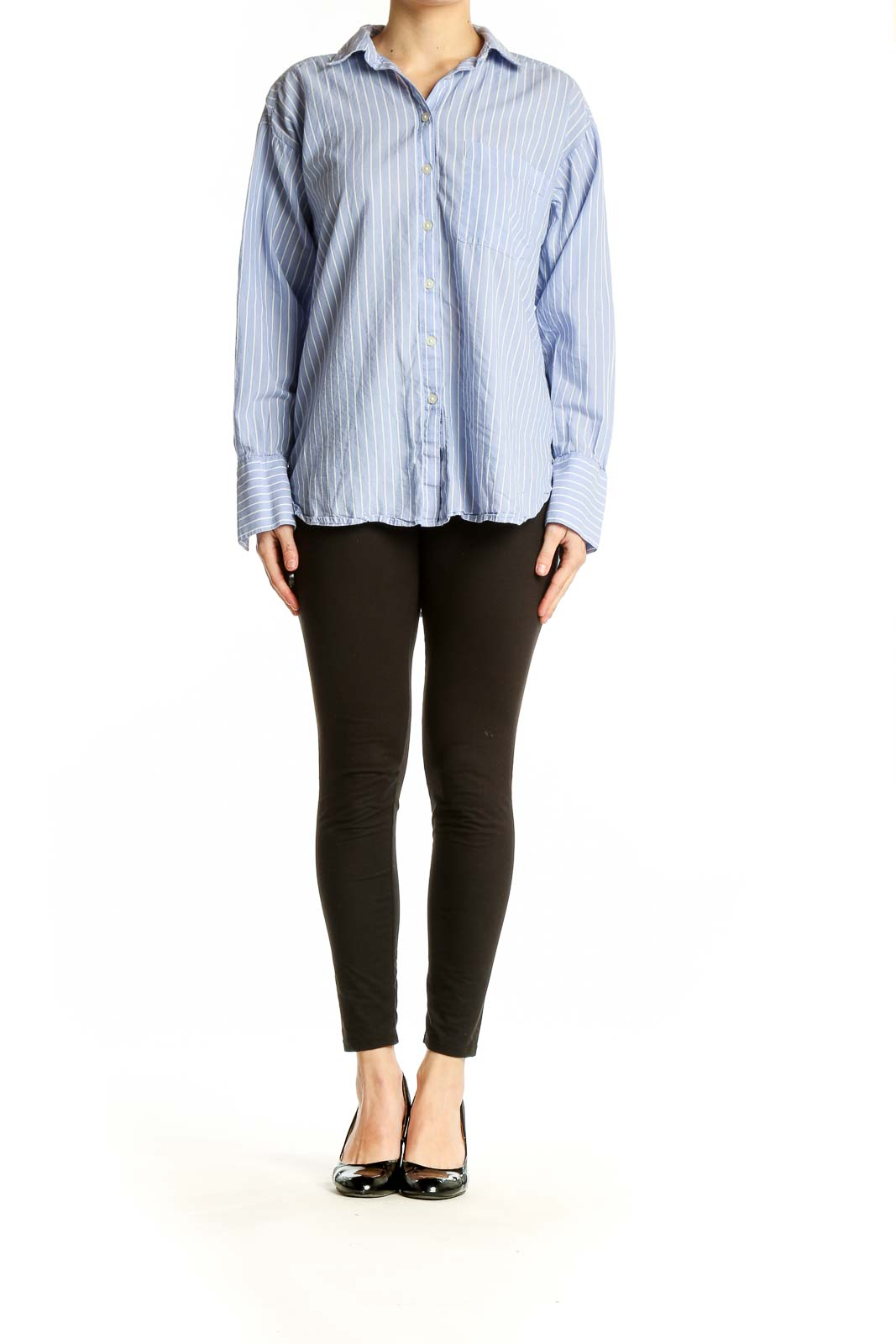 Front view of LOFT blue striped button-down shirt on model