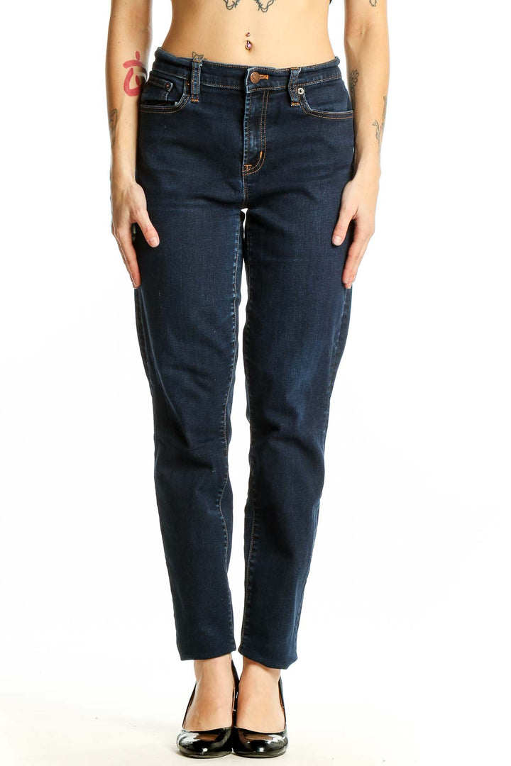 Front view of J.Crew dark blue straight leg jeans on model