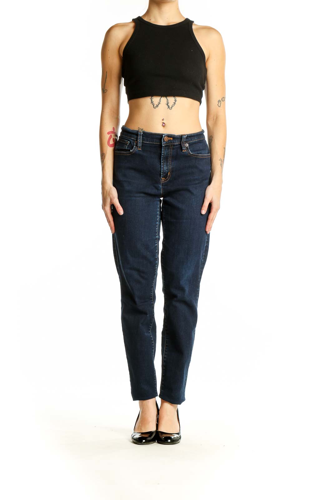 Front view of J.Crew dark blue straight leg jeans on model