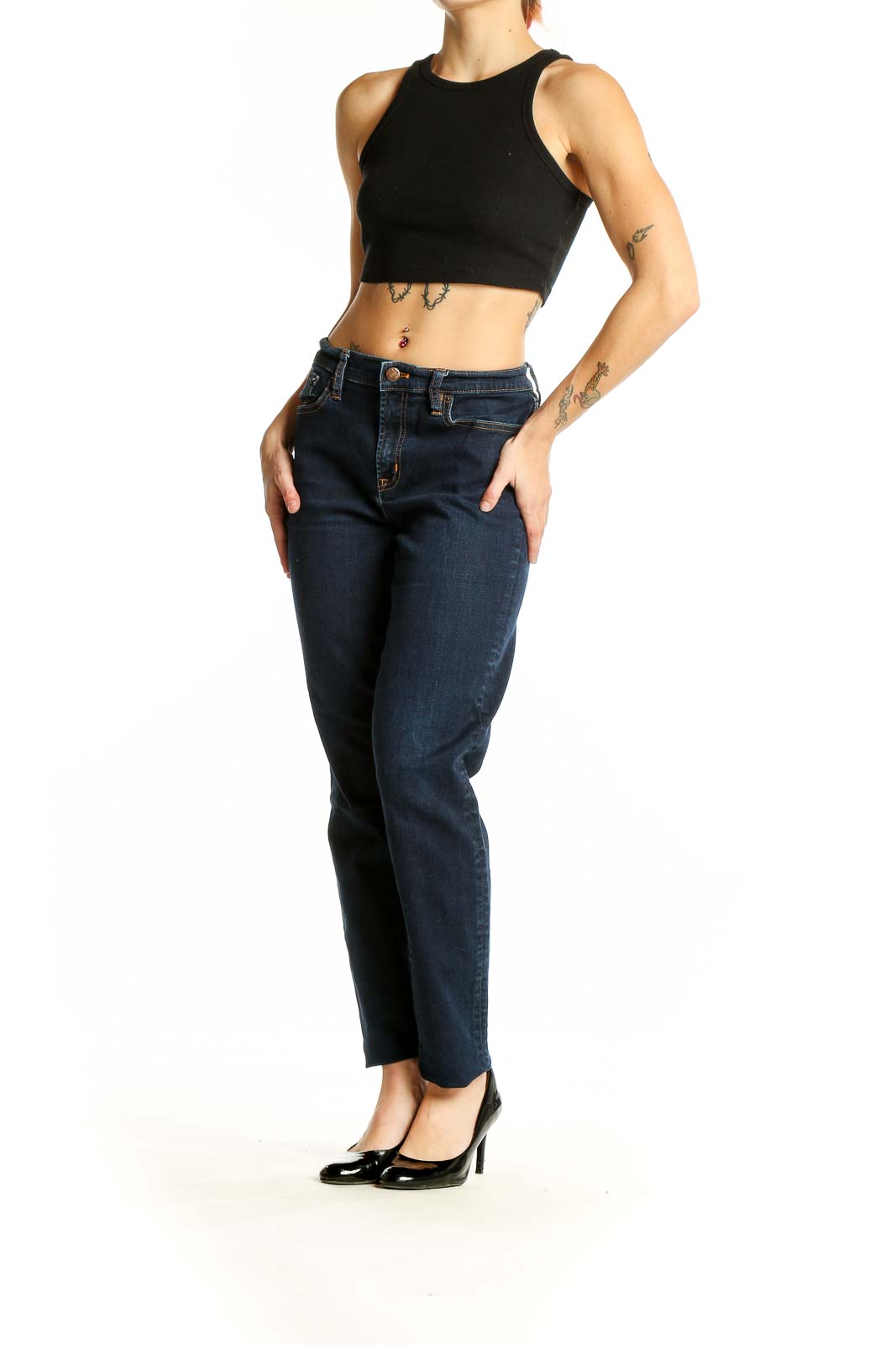 Front view of J.Crew dark blue straight leg jeans on model