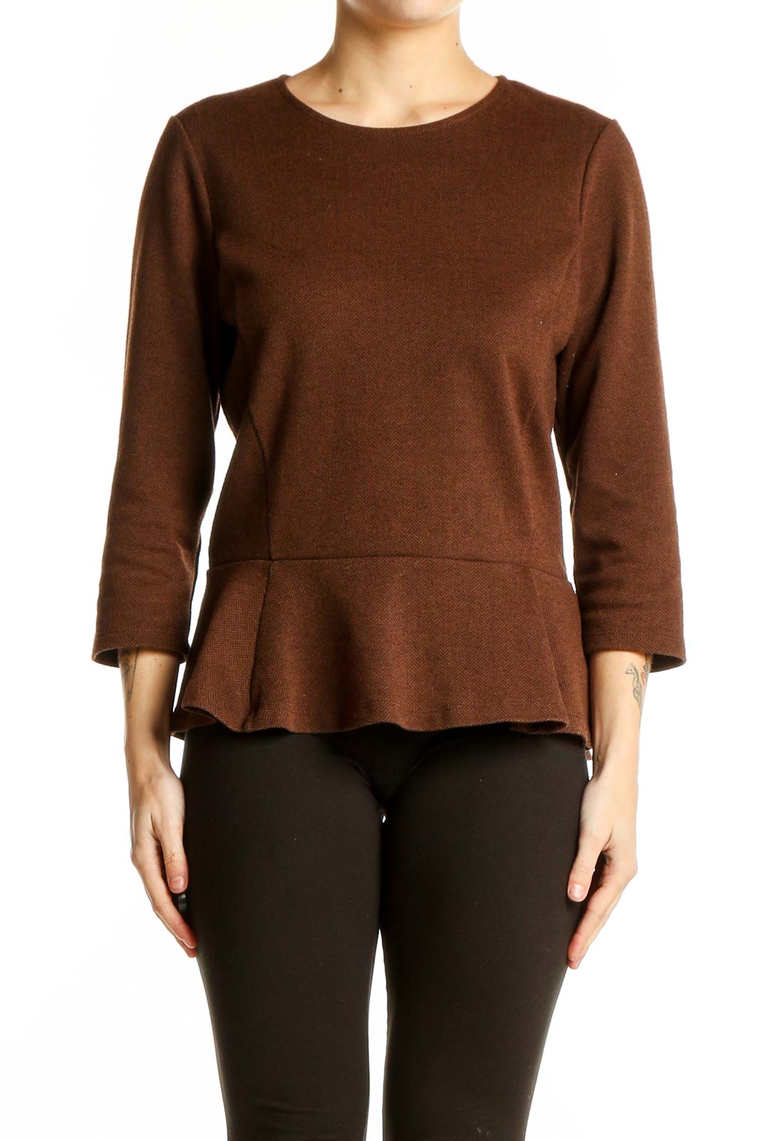 Front view of Lauren Ralph Lauren brown peplum top with 3/4 sleeves