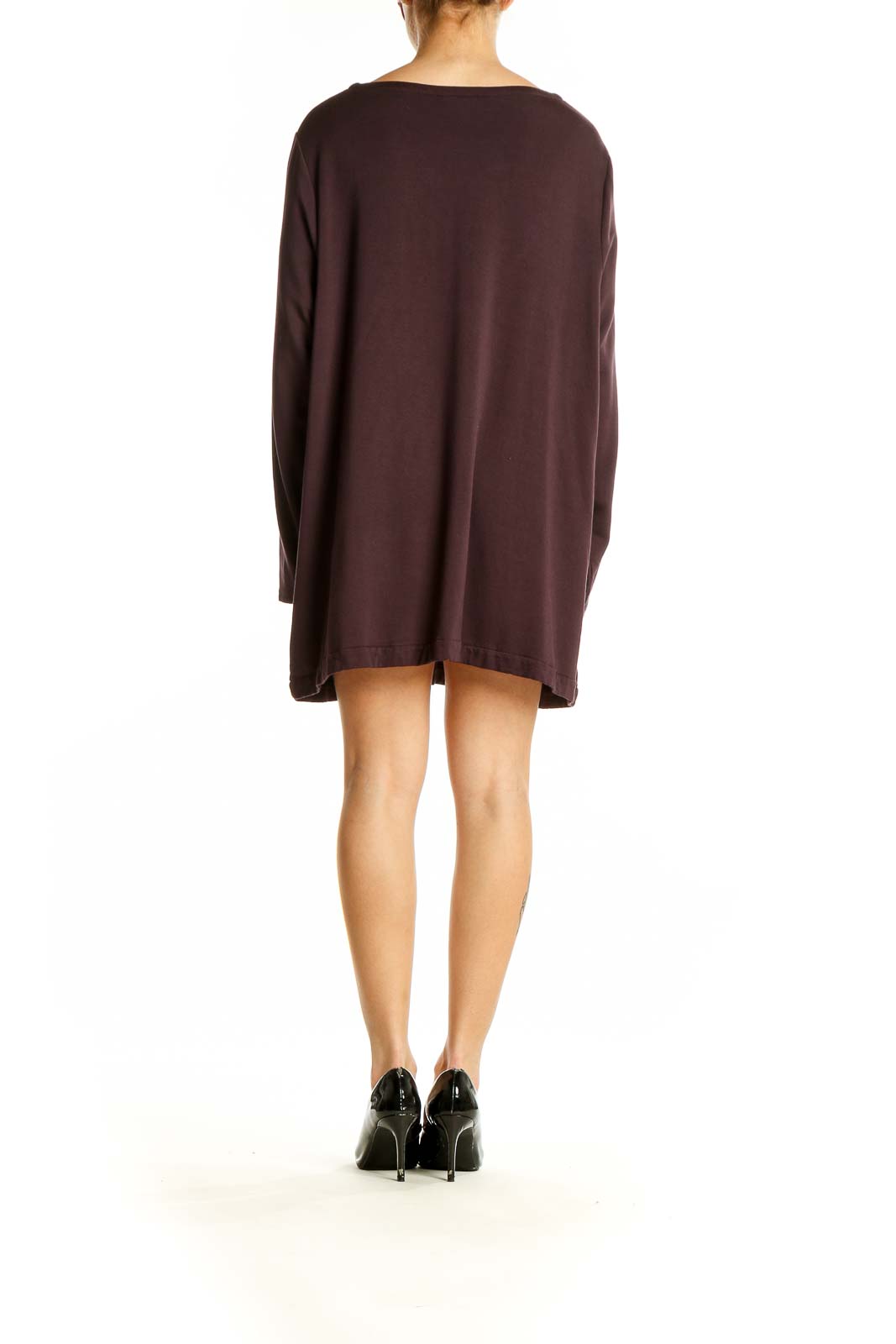 Side view of brown Pure Jill long sleeve tunic top on model