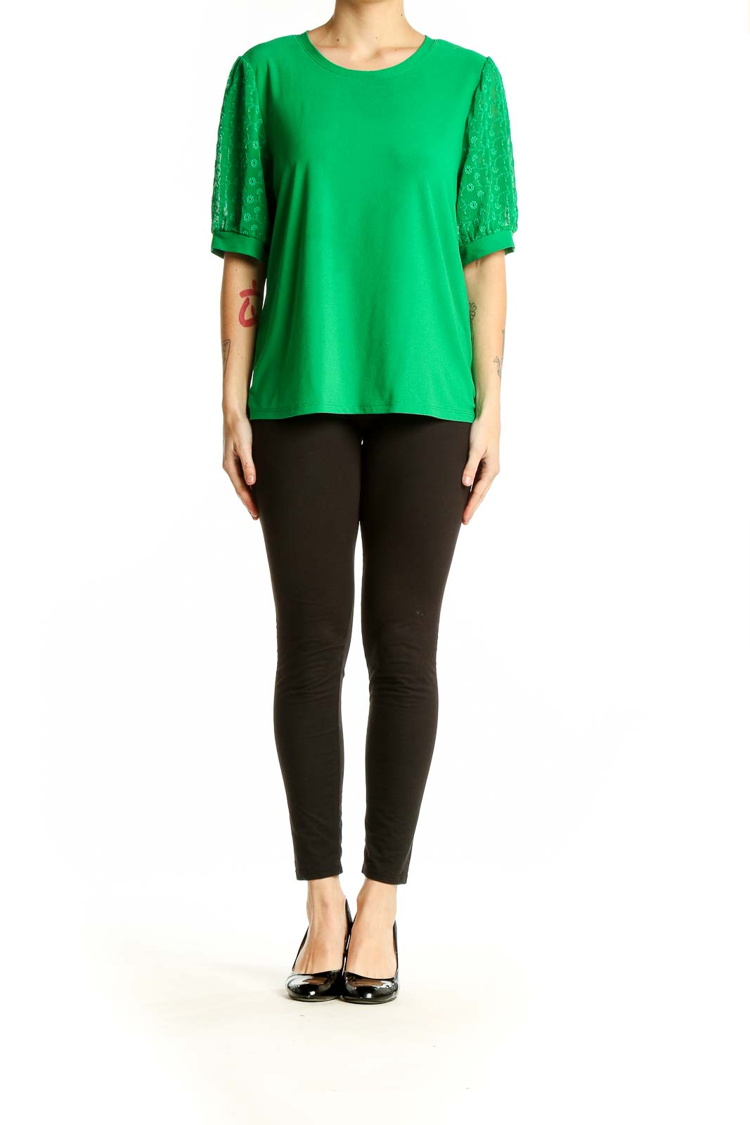 Front view of CeCe green blouse with lace sleeves