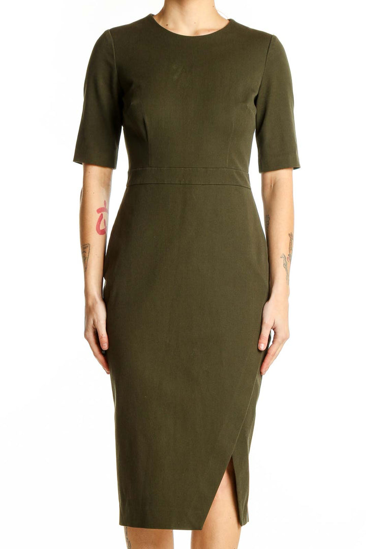 Front view of olive Banana Republic fitted midi dress with side slit