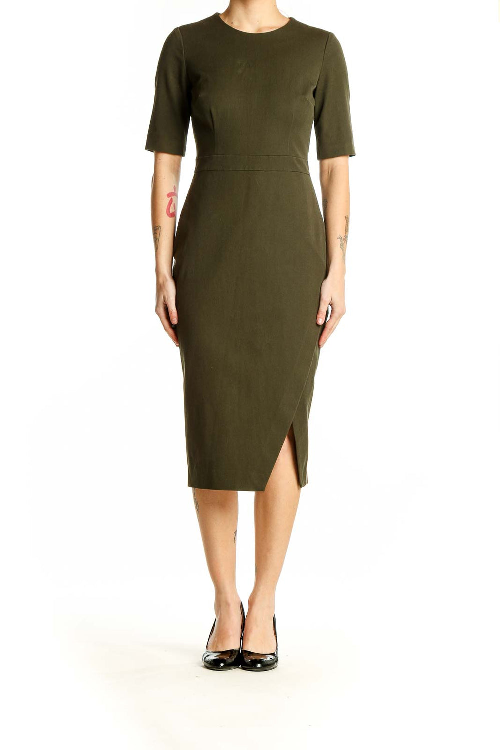 Front view of olive Banana Republic fitted midi dress with side slit