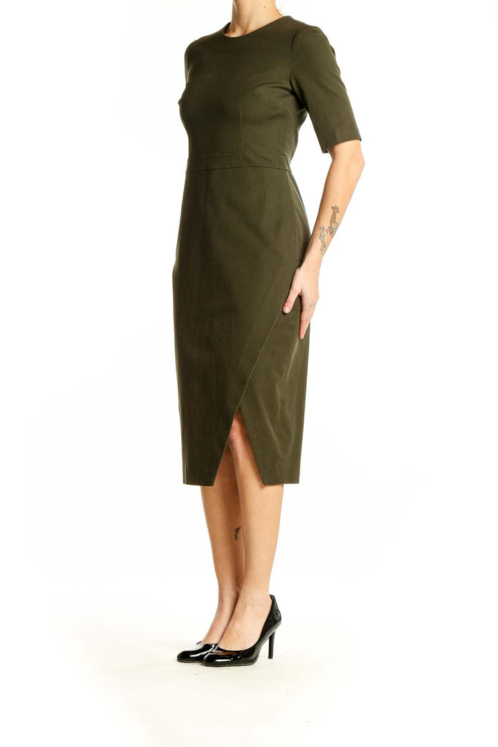 Front view of olive Banana Republic fitted midi dress with side slit