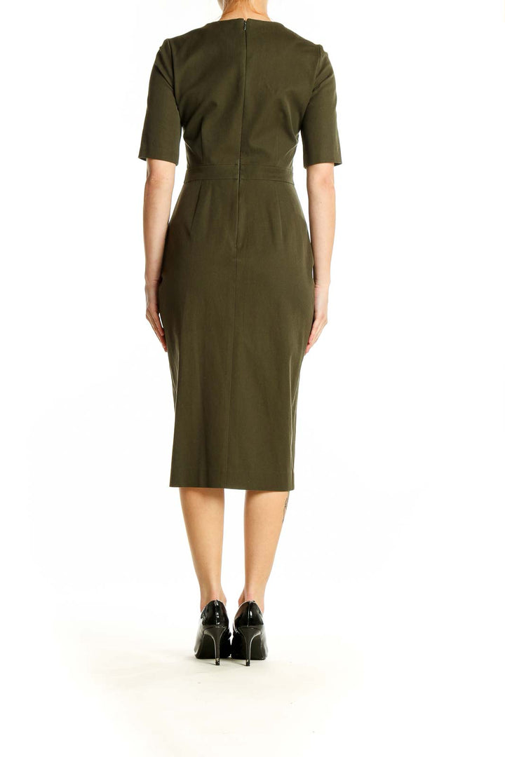 Back view of olive Banana Republic fitted midi dress showing sleek silhouette