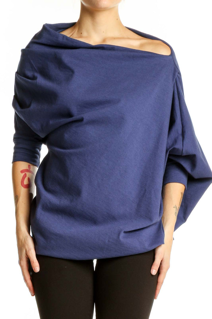 Front view of navy asymmetrical draped cotton top from FP Beach